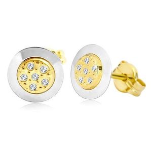 Cercei din aur de 14K - cerc cu zirconii transparente în centru, aur galben și alb imagine