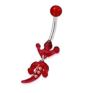 Piercing pentru buric din oțel - bilă, șopârlă roșie cu zirconii imagine