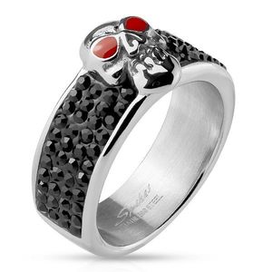 Inel din oțel de culoare argintie, craniu cu ochi roșii, zirconii negre - Marime inel: 59 imagine
