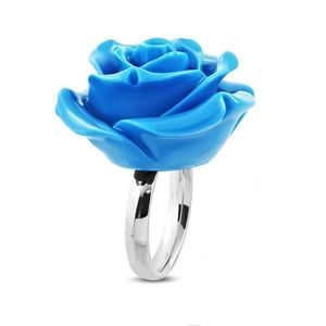 Inel din oțel inoxidabil - trandafir înflorit, rășină albastră strălucitoare - Marime inel: 49 imagine
