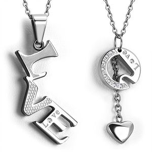 Pandantiv din oțel pentru cuplu - inscripție separată „LOVE”, inimă pe lanț, zirconii imagine