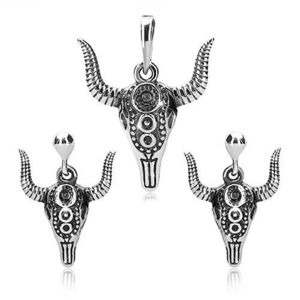 Set argint 925 - pandantiv și cercei, cap de taur cu ornamente și patină imagine