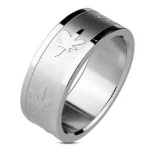 Inel din oțel de culoare argintie - margini lucioase, frunze de marijuana, 8mm - Marime inel: 59 imagine