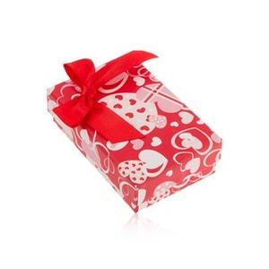 Cutie roșie de cadou pentru cercei și inel sau pandantiv, cu inimioare și fundă imagine
