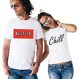 Set doua tricouri albe pentru cupluri - Netflix & Chill imagine