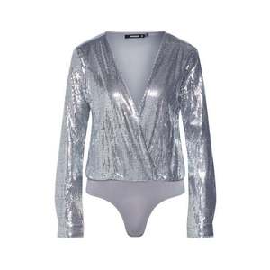 Missguided Tricou 'Sequin Plunge Long Sleeved Bodysuit' argintiu imagine