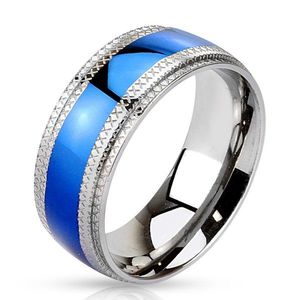 Inel din oțel - fâșie albastră în centru, margini crestate - Marime inel: 59 imagine