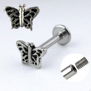 Piercing din oțel labret - fluture cu aripi împodobite cu tăieturi imagine