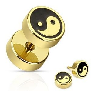 Plug fals din oţel - Yin şi Yang cu negru şi auriu imagine