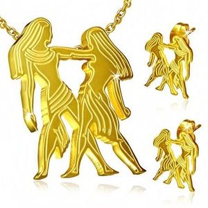 Set auriu din oțel, cercei și pandantiv, semnul zodiacal Gemeni imagine