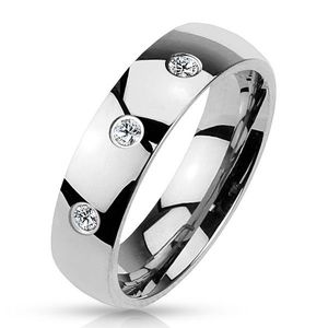 Inel din oțel în culoare argintie, suprafață netedă strălucitoare, trei zirconii transparente, 6 mm - Marime inel: 58 imagine