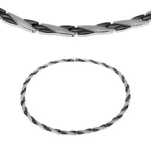 Colier magnetic din oțel 316L, dungi diagonale în culorile negru și argintiu, model piele de șarpe imagine
