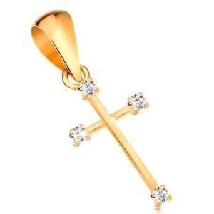 Pandantiv realizat din aur 585 - cruce lucioasă cu braţe înguste şi diamante transparente. imagine