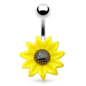 Piercing pentru buric, din oțel, floarea-soarelui galben cu negru imagine