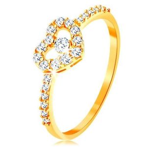 Inel din aur 375 - braţe din zirconiu, contur inimă lucioasă, transparentă cu zirconiu - Marime inel: 50 imagine