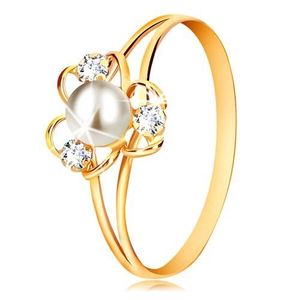 Inel din aur galben 9K - floare cu trei petale, perlă albă și zirconii transparente - Marime inel: 51 imagine