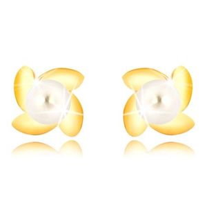 Cercei din aur 9K - floare lucioasă cu patru petale, perlă albă imagine