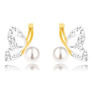 Cercei din aur combinat 9K - fluture cu aripi din aur alb, zirconii, perlă imagine