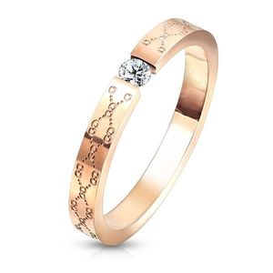 Inel de logodnă din oțel - zirconiu transparent, culoarea cuprului, gravură fină - Marime inel: 49 imagine