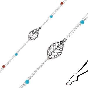 Brățară pentru gleznă din argint 925 - frunză, dublu lanț, bile albastre și roșii imagine