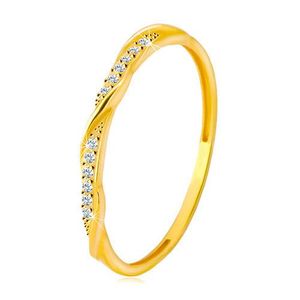 Inel din aur galben de 14K - linie de zirconii transparente încrucișață cu o linie lucioasă și netedă - Marime inel: 48 imagine
