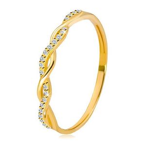 Inel din aur galben de 14 K - două linii întrețesute între ele, zirconii rotunde transparente - Marime inel: 49 imagine