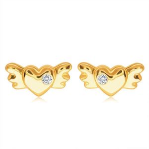 Cercei din aur 14K - inimă plină simetrică cu aripi și un zirconiu transparent imagine