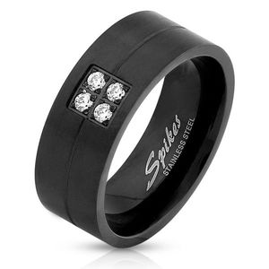 Inel din oțel de culoare neagră - patru zirconii strălucitoare, 8 mm - Marime inel: 59 imagine