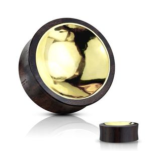 Plug din lemn Sono în culoare maro-negru pentru ureche - un cerc colorat auriu - Lățime: 10 mm imagine