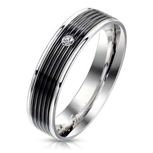 Inel din oțel cu dunga neagră - zirconiu clar rotund, linii de margine lucioase, 6 mm - Marime inel: 59 imagine