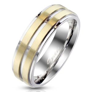 Inel din oțel într-o culoare argintie - decorat cu două dungi într-un design colorat auriu, 6 mm - Marime inel: 54 imagine
