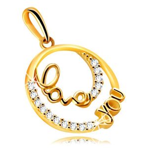 Pandantiv din aur 14K - un cerc cu scris decorativ „Love you”, mici zirconii clare imagine