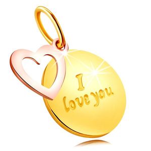 Pandantiv din aur combinat 585 - placă rotundă cu scris „I love you”, contur inimă imagine