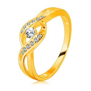 Inel din aur de 14 K - brațe subțiri împletite cu zirconii, zirconiu rotund strălucitor - Marime inel: 49 imagine