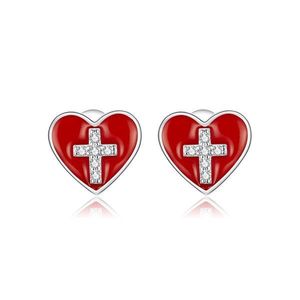 Cercei din argint Cross Red Heart imagine