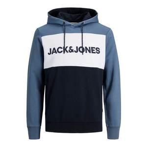JACK & JONES Bluză de molton 'JJELOGO BLOCKING SWEAT HOOD NOOS' albastru fum / albastru noapte / alb imagine
