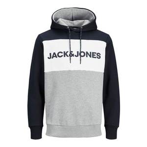 JACK & JONES Bluză de molton 'JJELOGO BLOCKING SWEAT HOOD NOOS' albastru închis / alb / gri deschis imagine