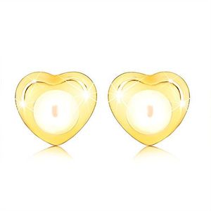 Cercei din aur galben 9K - inimă mică lucioasă, perlă rotundă imagine