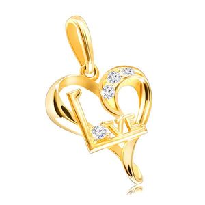 Pandantiv din aur galben 375 - linii mici de inimă, diamante strălucitoare clare, scris „Love” imagine