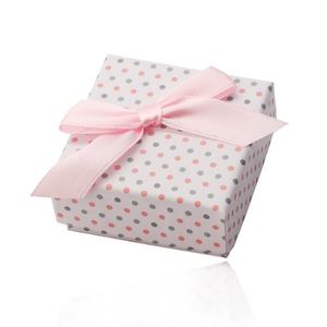 Cutie cadou albă pentru inele sau cercei, puncte roz și gri, panglică imagine
