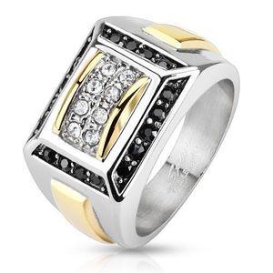 Inel din oţel, argintiu cu auriu, zirconiu negru şi transparent, dreptunghiuri - Marime inel: 56 imagine