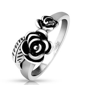 Inel din oțel 316L argintiu, doi trandafiri patinați - Marime inel: 51 imagine