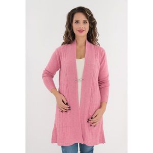 Cardigan roz tricotat cu model in relief si brosa imagine