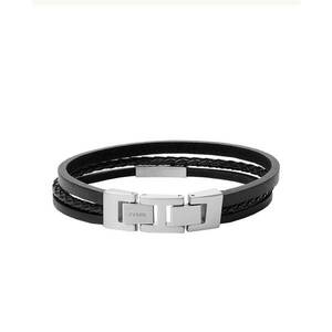 Multi-Strand Silver-Tone Steel and Black Leather Bracelet JF03322040 imagine