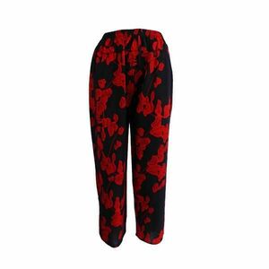 Pantaloni de vara, Niumeida, cu 2 buzunare, albastru cu imprimeu frunze rosii, elastic la talie, M imagine