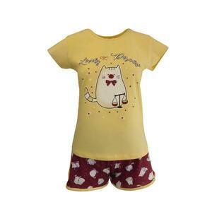 Pijama dama, Univers Fashion, bluza galben cu imprimeu pisica, pantaloni scurti grena cu imprimeu pisici, XL imagine