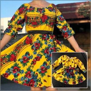 Set rochii cu motive florale - Mama si Fiica - Galben imagine