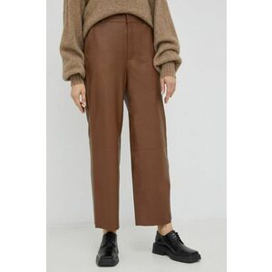 Gestuz pantaloni de piele femei, culoarea maro, drept, high waist imagine