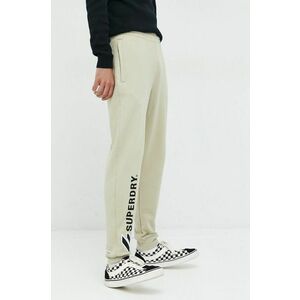 Superdry pantaloni de trening din bumbac barbati, culoarea bej, cu imprimeu imagine