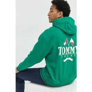 Tommy Jeans hanorac de bumbac barbati, culoarea verde, cu glugă, cu imprimeu imagine